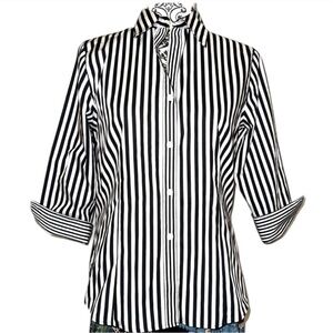 FOXCROFT Black & White Striped Button Blouse with 3/4 Sleeves